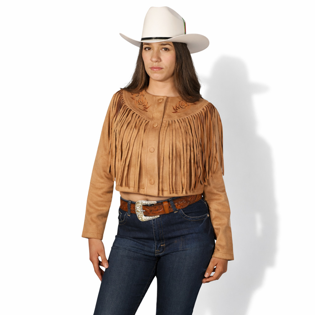 Camisa Vaquera Gamuza Café con Flecos