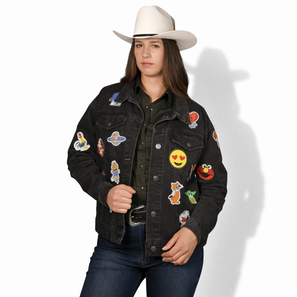 Chamarra de Mezclilla con Parches Negra