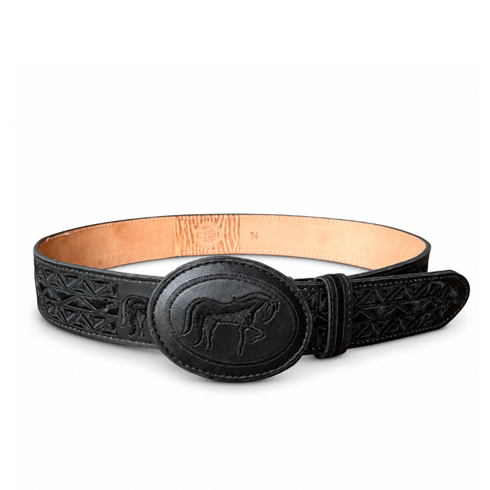 Cinturón Bordado Hebilla Oval Negro