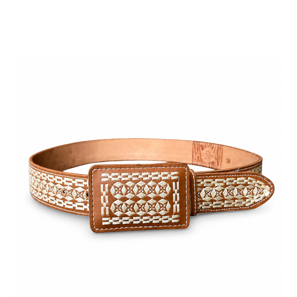 Cinturón Bordado Hebilla Rectangular Marrón