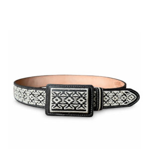 Cinturón Bordado Hebilla Rectangular Negro/Blanco