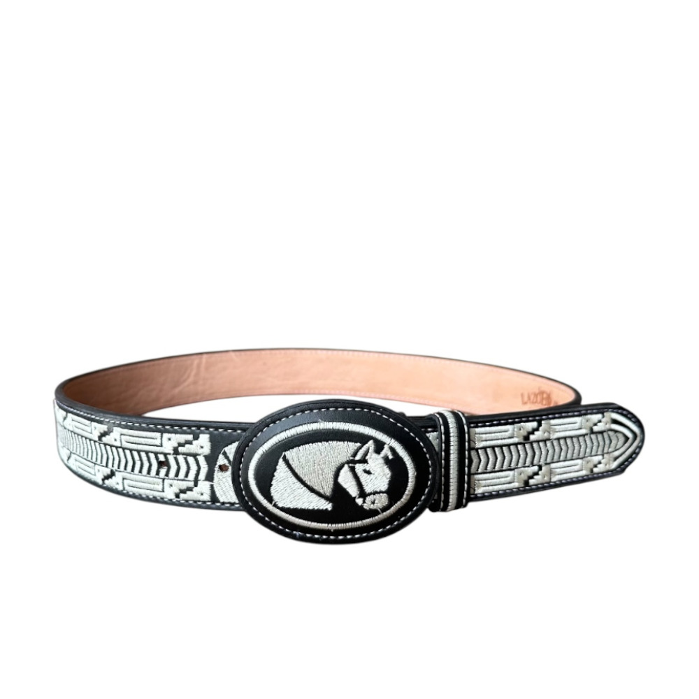 Cinturón Bordado Hebilla Oval Negro/Blanco