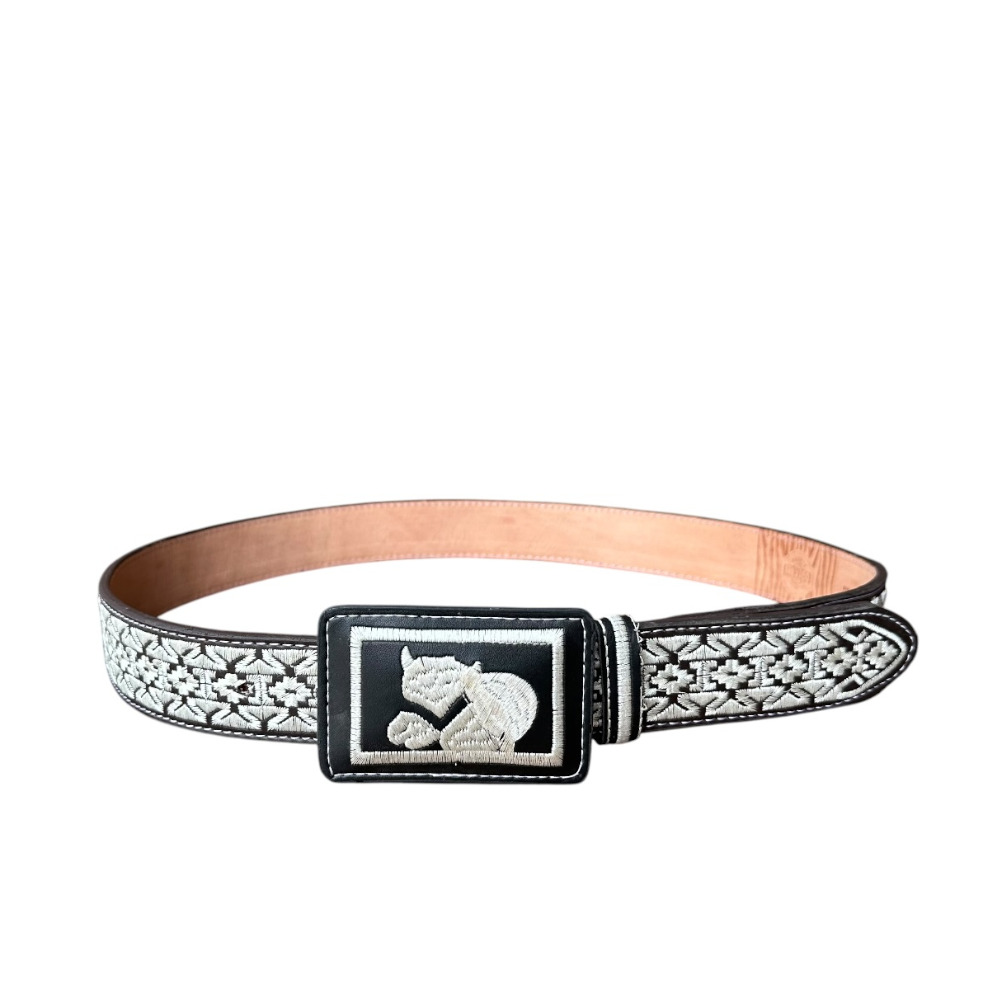Cinturón Bordado Hebilla Rectangular Marrón
